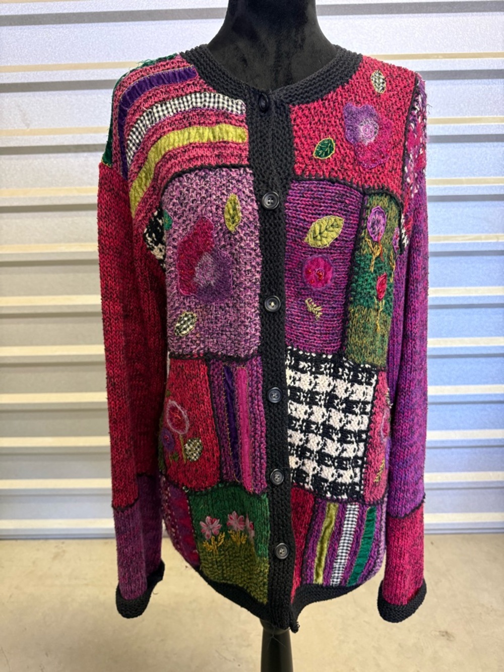 Vintage 1999 Susan Bristol Hand Embroidered Boho Patchwork Knit Cardigan Size L